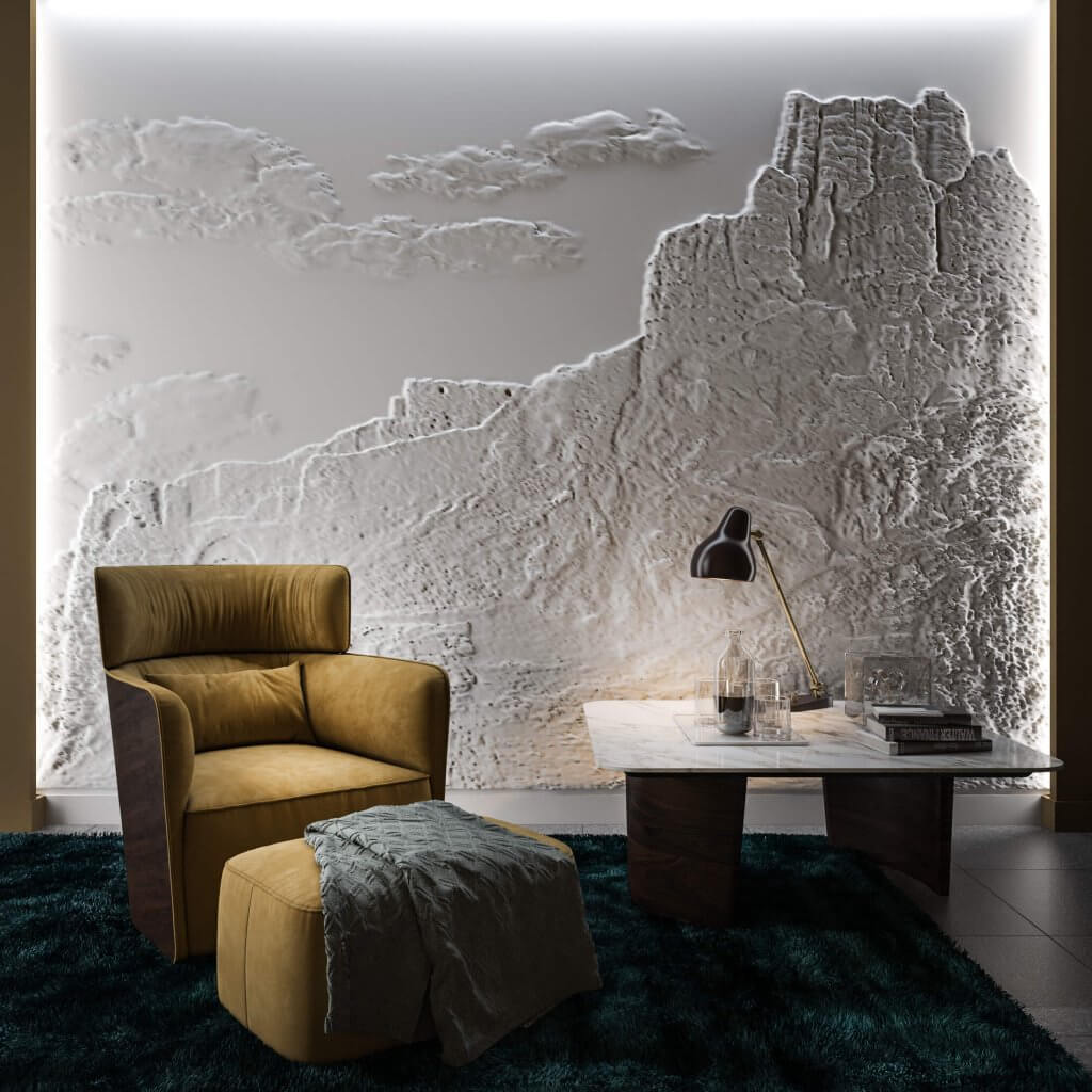 白色高山和云浅浮雕墙面装饰3d模型objfbxmax